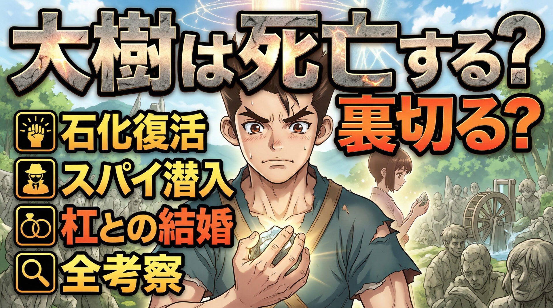 ドクターストーン 大樹は死亡する？裏切る？｜石化復活・スパイ潜入・杠との結婚まで全考察